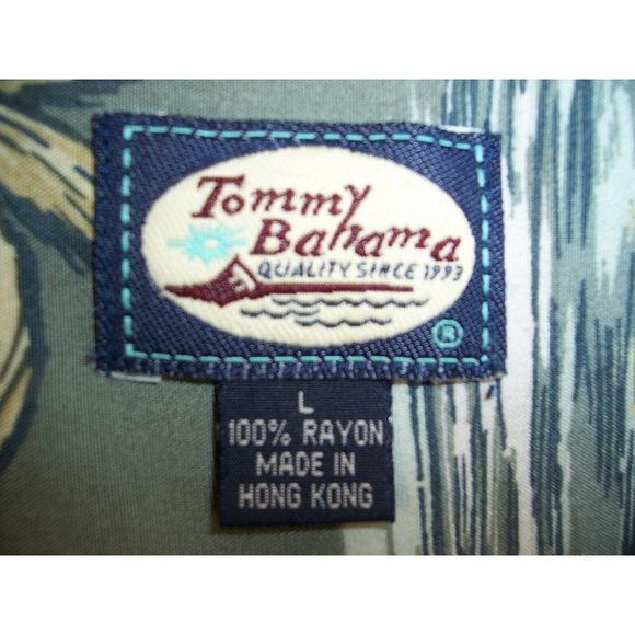 Tommy Bahama Hawaiian Shirt L Vented Fishing Floral Rayon Green - Picture 12 of 12